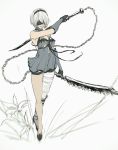  1girl bandage blindfold bracer breasts chains cosplay flower gloves high_heels holding holding_weapon ilea kaine_(nier) kaine_(nier)_(cosplay) mole mole_under_mouth nier nier_(series) nier_automata pale_skin short_hair sketch solo thigh_strap weapon white_background white_hair yorha_no._2_type_b 