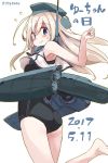  1girl 2017 antennae armpits ass bangs bare_legs bare_shoulders barefoot black_swimsuit blonde_hair blue_eyes blue_hat blush breasts character_name clothes_writing collar crop_top embarrassed eyebrows_visible_through_hair flying_sweatdrops from_behind garrison_cap hat kanji kantai_collection long_hair looking_at_viewer looking_back machinery number one-piece_swimsuit one_leg_raised running school_swimsuit simple_background sleeveless solo suka sweat swimsuit swimsuit_under_clothes tareme thighs twitter_username u-511_(kantai_collection) white_background 