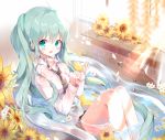  1girl :d ahoge aqua_eyes aqua_hair bangs bathtub black_necktie blush brick_wall clothed_bath collared_shirt daisy dohj00 droplet flower hatsune_miku legs_together long_hair long_sleeves necktie open_mouth petals_on_water popped_collar rubber_duck shirt smile solo sunflower tie_clip twintails very_long_hair vocaloid white_shirt window 