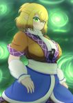 1girl belly blonde_hair blush breasts commentary frown green_eyes guroo_(shine119) half_updo highres large_breasts mizuhashi_parsee plump pointy_ears robe sash scarf solo touhou undershirt 