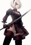  1girl android bananaxcs7 blindfold boots breasts dress gloves holding holding_weapon juliet_sleeves katana leotard long_sleeves mole mole_under_mouth nier_(series) nier_automata pale_skin patterned_clothing puffy_sleeves shiny shiny_skin short_hair simple_background sketch solo sword thigh-highs thigh_boots thighs weapon white_hair yorha_no._2_type_b 