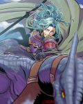  1boy armor artist_name blue_hair cape dragon fire_emblem fire_emblem:_seima_no_kouseki fire_emblem_heroes gloves highres long_hair male_focus polearm solo spear sting_chameleao teeth valter weapon 