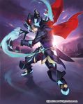  armor armored_boots axe blue_eyes blue_hair boots cape cardfight!!_vanguard clouds company_name gloves helmet lingering_night_revenger_conrad niccohudou official_art open_mouth sky solo teeth weapon 