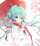  1girl aqua_eyes aqua_hair bangs blush dohj00 double_bun from_side hair_ornament hatsune_miku hood hood_down japanese_clothes kimono leaf leaf_on_head long_hair looking_at_viewer oriental_umbrella petals red_umbrella snowflake_print solo tassel twintails umbrella upper_body vocaloid wide_sleeves 