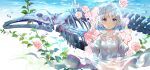  1girl bangs blue_eyes blush bone bubble dress eyebrows_visible_through_hair flower fossil fuji_choko hat highres long_sleeves looking_at_viewer original short_hair solo tears white_dress white_hair white_hat 