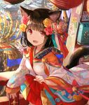  1girl animal_ears bell black_hair bow cat_ears cat_tail character_request copyright_request fang flower fuji_choko hair_flower hair_ornament open_mouth original red_bow red_eyes smile solo tail 
