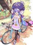  1girl :d ahoge animal_hat aqua_eyes aqua_ribbon arm_at_side ascot backpack bag bangs bicycle black_legwear blue_dress blue_footwear blue_hair blue_shoes blunt_bangs blush child chromatic_aberration clenched_hand collarbone collared_dress day dress eel_hat eyebrows_visible_through_hair fingernails flower full_body glasses gradient_dress gradient_footwear gradient_ribbon ground_vehicle hair_ornament hair_ribbon hairclip hat huge_ahoge lavender_hair leaf long_hair looking_at_viewer low_twintails mortarboard multicolored multicolored_clothes multicolored_dress multicolored_hair multicolored_ribbon multicolored_shoes official_art open_mouth orange_flower otomachi_una outdoors pantyhose pavement pink_dress pink_hair pink_ribbon plaid plaid_legwear plaid_ribbon pleated_dress purple_hair purple_shoes railing red-framed_eyewear red_flower ribbon sailor_collar sailor_dress saitou_naoki school_uniform semi-rimless_glasses shadow shoe_ribbon shoelaces shoes sleeveless sleeveless_dress smile sneakers solo stairs tsurime twintails under-rim_glasses very_long_hair vocaloid walking watch watch white_dress white_flower white_ribbon white_sailor_collar 