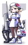  1girl animal_ears bag blonde_hair cow_ears cow_girl cow_horns cow_tail dress exice-zero gloves hat highres holding_bag horns kugelschreiber large_syringe looking_at_viewer nurse nurse_cap original oversized_object pantyhose red_eyes smile solo syringe tail weapon 