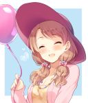  1girl :d ^_^ ^o^ balloon bangs blue_background blush bow breasts brown_hair casual cleavage closed_eyes collarbone eyebrows_visible_through_hair facing_viewer fingernails hair_bobbles hair_bow hair_ornament happy hat heart holding holding_balloon houjou_karen idolmaster idolmaster_cinderella_girls jacket jewelry komi_zumiko long_hair low_twintails medium_breasts nail_polish necklace open_clothes open_jacket open_mouth pink_bow pink_hat pink_jacket pink_nails shirt simple_background sleeves_past_wrists smile solo swept_bangs twintails upper_body yellow_shirt 