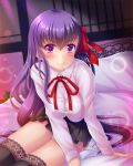  1girl aosuke_(ayakawa_akito) bb_(fate/extra_ccc) blush breasts fate/extra fate/extra_ccc fate_(series) hair_ribbon heart heart-shaped_pupils lace lace-trimmed_thighhighs long_hair looking_at_viewer medium_breasts miniskirt on_bed panties purple_hair red_ribbon ribbon sitting sitting_on_bed skirt smile sparkle sweat symbol-shaped_pupils thigh-highs underwear violet_eyes white_skirt zettai_ryouiki 