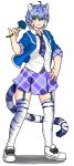  1girl ahoge animal_ears blue_hair blue_rose collared_shirt flower full_body garter_straps hair_between_eyes hand_on_hip hand_up holding holding_flower jacket kemono_friends lips looking_at_viewer lowres maltese_tiger_(kemono_friends) multicolored_hair necktie open_clothes open_jacket pinky_out pixel_art plaid plaid_skirt rose shirt short_hair simple_background skirt sleeves_rolled_up smile solo standing striped_tail tail thigh-highs tiger_ears tiger_tail toramarysyou white_background white_hair wing_collar yellow_eyes zettai_ryouiki 