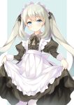  1girl black_ribbon blue_eyes blush dated eyebrows_visible_through_hair fate/grand_order fate_(series) highres juliet_sleeves long_hair long_sleeves looking_at_viewer maid maid_headdress marie_antoinette_(fate/grand_order) narusegawa_riko pantyhose puffy_sleeves ribbon silver_hair smile solo twintails twitter_username 