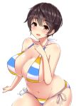  1girl bare_shoulders bikini blush breasts brown_eyes brown_hair collarbone cowboy_shot frilled_bikini frills idolmaster idolmaster_cinderella_girls large_breasts looking_at_viewer midriff mitsukazu_(nijigen_complex) navel oikawa_shizuku open_mouth shiny shiny_hair shiny_skin short_hair side-tie_bikini simple_background skindentation smile solo stomach swimsuit white_background 