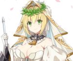  1girl aestus_estus bangs blonde_hair breasts chains cleavage closed_mouth detached_sleeves eyebrows_visible_through_hair fate/extra fate/extra_ccc fate/grand_order fate_(series) gloves green_eyes hair_between_eyes holding holding_sword holding_weapon large_breasts lock looking_at_viewer padlock petals portrait saber_bride saber_extra sidelocks simple_background smile solo sword tong1494 upper_body weapon white_background white_gloves wreath zipper 