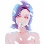  1girl black_hair ilya_kuvshinov looking_at_viewer mouth_hold original out-of-frame_censoring out_of_frame petals red_eyes short_hair simple_background solo topless 