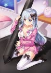  1girl bangs black_bow black_shoes blue_eyes blurry blurry_background bow bow_bra bra breasts cleavage closed_mouth collarbone computer_mouse eromanga_sensei eyebrows_visible_through_hair frilled_shirt frilled_sleeves frills full_body garter_straps hair_bow izumi_sagiri lace lace-trimmed_thighhighs lace_trim long_hair long_sleeves looking_at_viewer mary_janes medium_breasts minigirl off_shoulder pajamas pink_bow pink_shirt shirt shoes silver_hair sitting solo stuffed_animal stuffed_bunny stuffed_toy stylus tablet thigh-highs underwear wariza white_bra yitiao_yuxian 