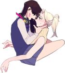  2girls blonde_hair blue_eyes brown_hair d.va_(overwatch) facepaint facial_mark headphones headphones_around_neck long_hair mercy_(overwatch) multiple_girls mwo_imma_hwag open_mouth overwatch pleated_skirt ponytail protected_link ribbon school_uniform shirt short_hair simple_background skirt sweater whisker_markings white_background yuri 