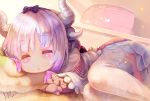  1girl backpack bag bangs beads blunt_bangs blush closed_eyes commentary_request dai_(eiji0417) dragon_horns dress hair_beads hair_ornament hairband highres horns kanna_kamui kobayashi-san_chi_no_maidragon lavender_hair long_hair lying randoseru sleeping solo thigh-highs white_legwear 