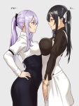  &gt;:( 2girls arched_back asymmetrical_docking bangle black_hair black_shirt blue_skirt bouncing_breasts bracelet breast_envy breast_press breasts closed_mouth collared_shirt commentary cowboy_shot elf elf_(houtengeki) eye_contact from_side grey_background hair_ribbon hand_on_hip high-waist_skirt houtengeki jewelry large_breasts long_sleeves looking_at_another medium_breasts multiple_girls original pink_eyes pink_hair pointy_ears ponytail profile ribbon shiny shiny_hair shirt sidelocks simple_background skirt standing translated twintails v_arms white_ribbon white_shirt white_skirt wing_collar yellow_eyes 