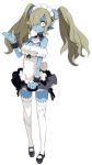  1girl black_shoes black_skirt blue_skin brown_hair detached_collar disgaea full_body hair_over_one_eye harada_takehito long_hair looking_at_viewer maid_(disgaea) maid_headdress makai_senki_disgaea_5 mary_janes official_art pointy_ears shoes skirt smile solo standing thigh-highs twintails white_background white_legwear wide-eyed wrist_cuffs yellow_eyes 