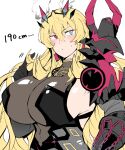  1girl black_gloves blonde_hair blush breasts chain fairy_knight_gawain_(fate) fate/grand_order fate_(series) gloves hannpen5500 heterochromia large_breasts long_hair looking_away playing_with_own_hair white_background 