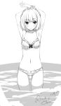  1girl armpits arms_up artist_name bangs blush bra braid closed_mouth collarbone crown_braid dated eyebrows_visible_through_hair frilled_bra frilled_panties frills greyscale highres looking_at_viewer monochrome navel original panties short_hair signature sketch smile solo standing tabata_hisayuki thighs underwear wading 