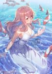  1girl absurdres animal arm_support bangs bare_shoulders breasts brown_eyes brown_hair cleavage collarbone dress flying_fish hair_between_eyes halterneck highres huge_filesize koe_no_katachi koi large_breasts long_hair nishimiya_shouko parted_bangs partially_submerged raijuu_(bakanara) ripples sitting sundress wariza water wet wet_clothes wet_dress white_dress 