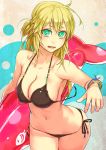  1girl bare_shoulders bikini blonde_hair breasts cleavage green_eyes large_breasts long_hair looking_at_viewer messy_hair mustard_seeds navel open_mouth original side-tie_bikini skindentation solo strap_gap surfboard swimsuit w wardrobe_malfunction yuuji_(and) 