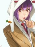  1girl amino_(tn7135) bangs blunt_bangs blurry brown_coat candy carrot coat depth_of_field drawstring ear_clip eating fingernails food grey_background holding holding_food hood hood_up hooded_jacket jacket lollipop long_hair long_sleeves nail_polish necktie pink_nails purple_hair red_eyes reisen_udongein_inaba simple_background solo striped striped_necktie touhou upper_body white_jacket wing_collar zipper 