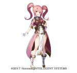  1girl 2017 armor blush boots breastplate cape fire_emblem fire_emblem_echoes:_mou_hitori_no_eiyuuou fire_emblem_heroes full_body gloves long_hair looking_at_viewer mae_(fire_emblem) matsui_hiroaki official_art open_mouth pink_eyes pink_hair red_eyes simple_background smile solo tiara twintails white_background 