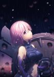  1girl armor armored_dress artist_name bare_shoulders black_legwear blurry breasts depth_of_field detached_sleeves elbow_gloves eyes_visible_through_hair fate/grand_order fate_(series) from_side gloves hair_over_one_eye large_breasts lips looking_at_viewer mash_kyrielight navel navel_cutout parted_lips purple_gloves purple_hair rain rosuuri shield shielder_(fate/grand_order) short_hair upper_body violet_eyes wet wet_clothes 