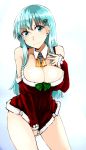  1girl blue_eyes blue_hair breasts christmas_tree_hair_ornament cleavage cosaten detached_collar detached_sleeves dress dress_tug fur_trim hair_ornament hair_twirling kantai_collection large_breasts long_hair looking_at_viewer smile solo suzuya_(kantai_collection) 