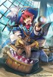  1boy barrel boots bow bowtie captain_nightkid cardfight!!_vanguard child company_name fangs feathers hat kawasumi_(japonica) male_focus official_art open_mouth pirate_hat redhead ship sitting sky solo teeth watercraft yellow_eyes 