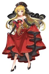  1girl :d alternate_costume bare_legs black_gloves blonde_hair blush breasts cleavage crescent dress elbow_gloves full_body gloves hayama_eishi high_heels junko_(touhou) lace_trim large_breasts long_hair looking_at_viewer open_mouth pumps red_dress red_eyes simple_background smile solo strapless strapless_dress touhou white_background 