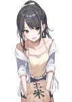  1girl :d bangs bare_shoulders belt belt_buckle black_hair black_shorts bow buckle camisole collarbone eyebrows_visible_through_hair grey_eyes hair_bow hair_ornament hairclip haruyuki_(gffewuoutgblubh) highres holding idolmaster idolmaster_shiny_colors jacket kazano_hiori long_hair mole mole_under_mouth off_shoulder open_clothes open_jacket ponytail short_shorts shorts simple_background smile solo white_background white_belt white_bow white_jacket x_hair_ornament yellow_camisole 