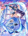  1girl anklet barefoot barefoot_sandals black_hair blue_eyes braid breasts cardfight!!_vanguard cleavage company_name gloves harem_pants jewelry long_hair midriff navel official_art open_mouth pants sky soles solo sptuel sword teeth toeless_legwear veil waterback_knight_le_meace weapon 