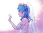  absurdres bare_shoulders blue_eyes blue_hair blush breasts bridal_veil double_bun dress elbow_gloves flower gloves highres jewelry kantai_collection large_breasts light_smile looking_to_the_side ring senbei_(senbe_i) urakaze_(kantai_collection) veil wedding_band wedding_dress white_dress 