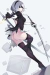 1girl ass black_dress black_gloves black_legwear blindfold boots breasts dress gloves hairband highres holding holding_sword holding_weapon leotard medium_breasts nier_(series) nier_automata pantie_painting parted_lips silver_hair solo standing standing_on_one_leg sword thigh-highs torn_clothes torn_dress weapon white_leotard yorha_no._2_type_b 