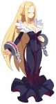  1girl bare_shoulders black_dress blonde_hair breasts closed_eyes cuffs disgaea dress full_body fur_trim handcuffs harada_takehito healer_(disgaea) long_hair medium_breasts official_art open_mouth pointy_ears side_slit solo standing 