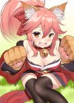  1girl animal_ears bell bell_collar breasts cleavage collar fate/grand_order fate_(series) fox_ears fox_tail from_above gloves hair_ribbon japanese_clothes kurogoma_(haruhi3) large_breasts long_hair looking_at_viewer off_shoulder open_mouth paw_gloves paws pink_hair ribbon tail tamamo_(fate)_(all) tamamo_cat_(fate) yellow_eyes 