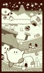  6+boys 90s ?_block adventures_of_lolo aircraft black_hat blimp blush broom cannon castle character_request dirigible english game_boy greyscale hal_laboratory_inc. hat holding holding_umbrella hoshi_no_kirby hoshi_no_kirby:_yume_no_izumi_no_monogatari hoshi_no_kirby_(game) kaboola kirby kirby&#039;s_adventure kirby&#039;s_dream_land kirby_(series) kracko lololo_(kirby) looking_at_another looking_at_viewer maxim_tomato monochrome multiple_boys naga_u nintendo no_humans parasol pink_puff_ball smile star star_(sky) starfish text tongue tongue_out tree umbrella waddle_dee waddle_doo water whispy_woods wings witch_hat 