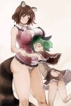  2girls animal_ears ass ass_cutout bad_proportions bare_arms bare_legs bare_shoulders breasts brown_eyes brown_hair bursting_breasts capelet closed_eyes cosplay costume_switch dress fundoshi futatsuiwa_mamizou futatsuiwa_mamizou_(cosplay) glasses glasses_switch green_hair grin hug japanese_clothes kasodani_kyouko kasodani_kyouko_(cosplay) large_breasts microdress miniskirt multiple_girls plump raccoon_ears raccoon_tail revealing_clothes skirt sleeveless sleeveless_dress smile tail touhou undersized_clothes yohane 