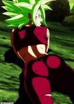  1girl absurdres ass blonde_hair blush bruise crop_top dragon_ball dragon_ball_super earrings from_behind highres injury jewelry kefla_(dragon_ball) looking_back lying midriff no_pupils on_stomach pants salvamakoto solo spiky_hair super_saiyan 