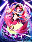  1girl cardfight!!_vanguard company_name hat head_fins heart long_hair mekameka_shii mermaid microphone midriff monster_girl nail_polish navel official_art one_eye_closed open_mouth pink_hair pirate_hat rainbow_light_carine sitting solo tattoo twintails 