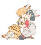  2girls animal_ears backpack bag commentary commentary_request face_licking hug kaban_(kemono_friends) kemono_friends licking mitsumoto_jouji multiple_girls pantyhose serval_(kemono_friends) serval_ears serval_print serval_tail smile tail yuri 