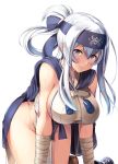  1girl all_fours bandaged_arm blue_eyes blush breasts chains eyebrows_visible_through_hair folded_hair headband ichikawa_feesu kamoi_(kantai_collection) kantai_collection large_breasts leaning_forward long_hair looking_at_viewer panties pelvic_curtain shirt side-tie_panties side_slit sideboob sidelocks silver_hair simple_background smile solo string_panties sweat taut_clothes taut_shirt tied_hair underwear white_background 