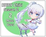  1girl blue_eyes boots chibi earrings english eye_scar hair_ornament iesupa instrument jewelry keyboard_(instrument) ponytail rwby rwby_chibi solo weiss_schnee white_boots white_hair 