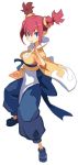  1girl :o black_eyes blue_bow blue_pants blue_shoes bow breasts cleavage disgaea female_brawler_(disgaea) fighting_stance full_body harada_takehito looking_at_viewer medium_breasts official_art pants redhead shirt shoes short_hair solo standing twintails white_background yellow_shirt 
