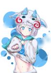  1girl :&lt; absurdres bangs blue_eyes genderswap genderswap_(mtf) head_tilt highres komasan looking_at_viewer midriff navel personification pinkball short_hair smile solo youkai_watch 