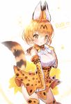  1girl absurdres animal_ears bare_shoulders blonde_hair bow breasts commentary_request elbow_gloves gloves highres kemono_friends looking_at_viewer medium_breasts print_gloves print_legwear print_skirt serval_(kemono_friends) serval_ears serval_print serval_tail shirt short_hair skirt sleeveless sleeveless_shirt solo tail thigh-highs tongue ttaji_(pass35) yellow_eyes 